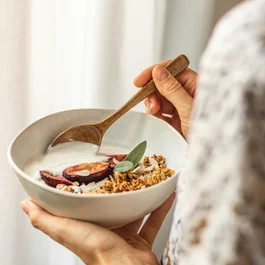Hand hält Schüssel mit Joghurt, Granola und Pflaumenstücken