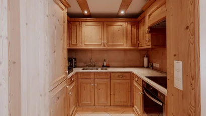 Small wooden kitchen with built-in appliances and marble countertop